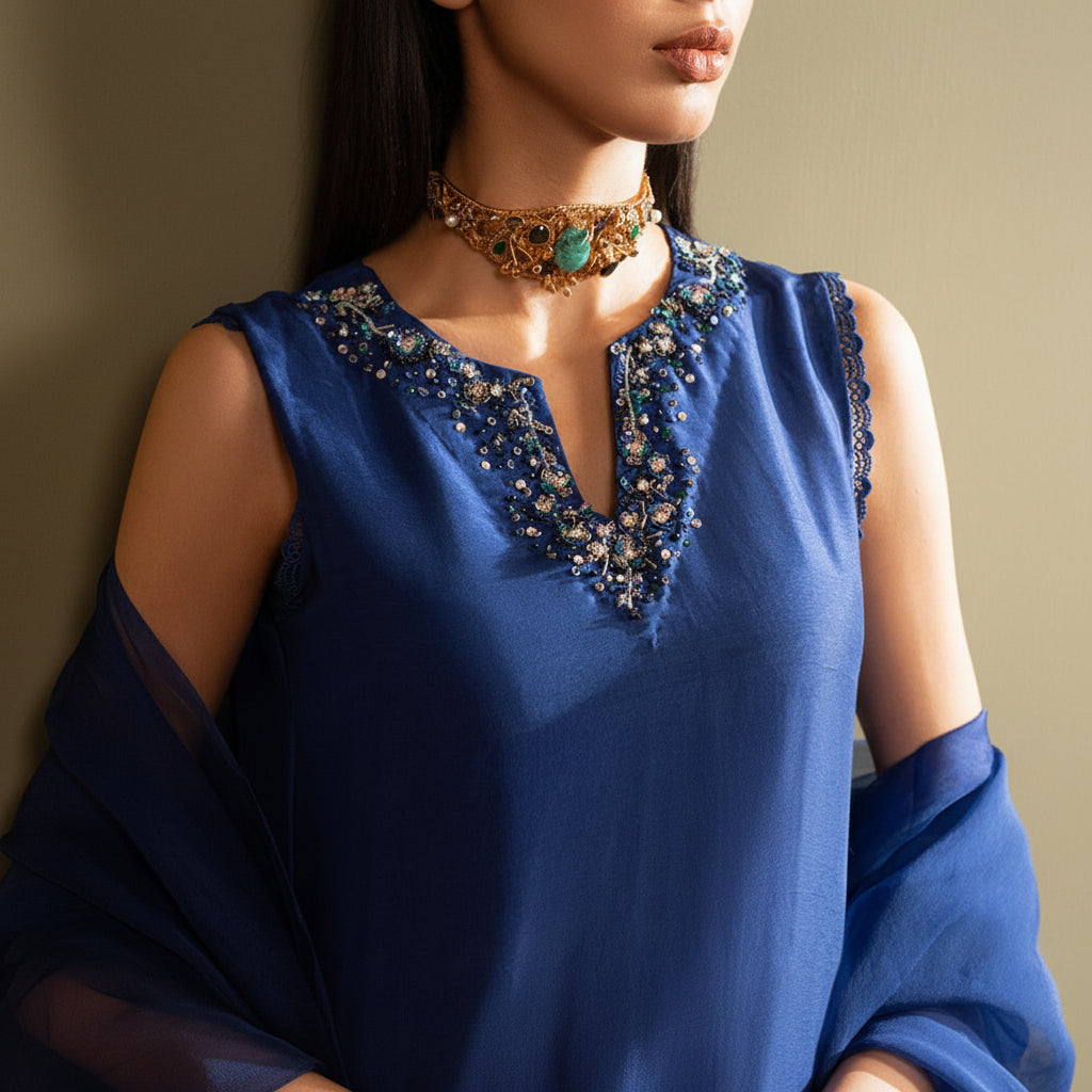 Blue top with intricate beadwork and a person wearing it against a neutral background