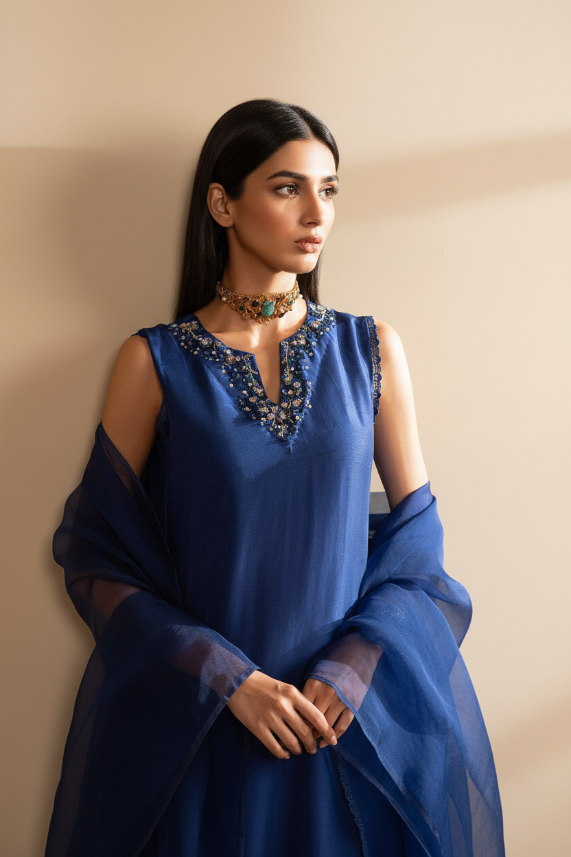 Blue top with intricate beadwork and a person wearing it against a neutral background