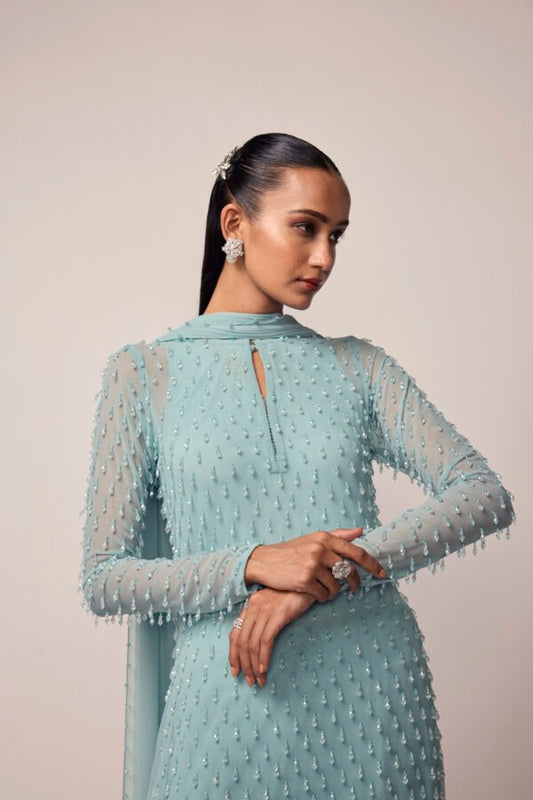 POWDER BLUE PEARL DROP KURTA SET
